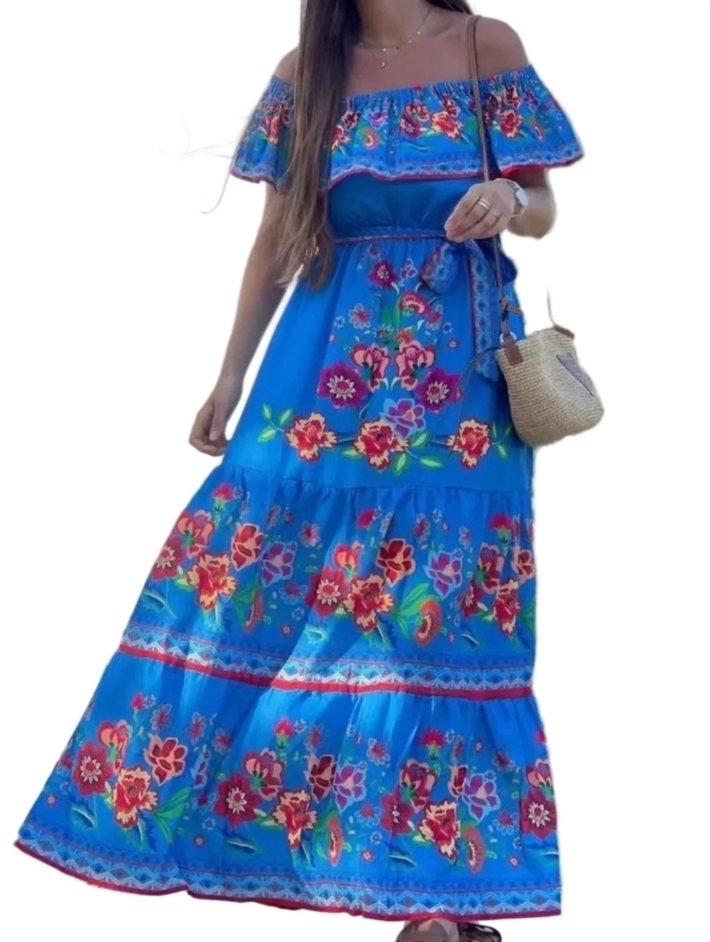 Floral Ruffle Off Shoulder Belted Elastic Waist Retro 70s Tiered Boho Maxi Dress - Picture 4 of 9